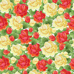 pattern of red and yellow graphic rose with green leaves