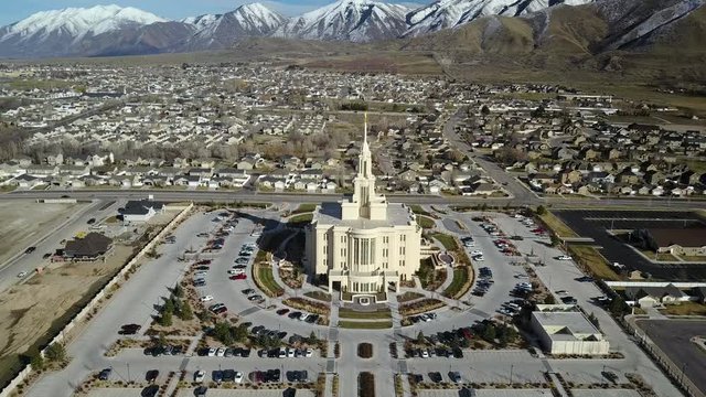 Aerial approach LDS Mormon Temple Payson Utah. The Church of Jesus Christ of Latter-day Saints, LDS or Mormon Church. International Christian religion. Membership of over 16 million.