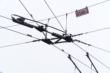 Trolleybus wires intersection - electric bus horns / sticks