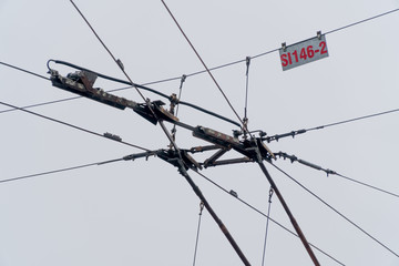 Trolleybus wires intersection - electric bus horns / sticks