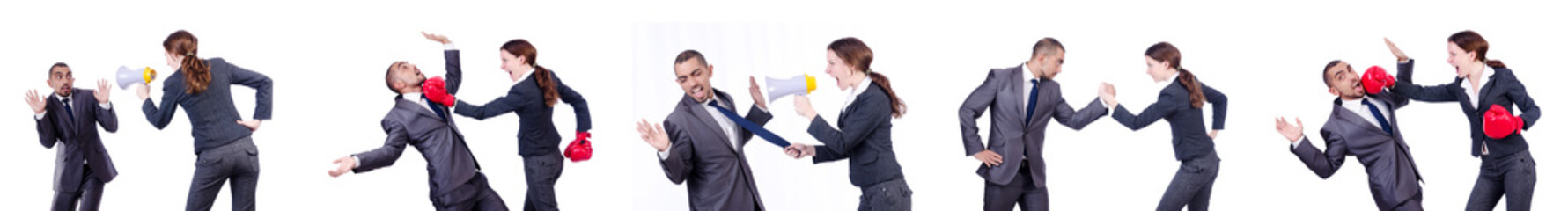 Office conflict between man and woman isolated on white