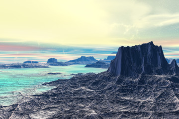 Fototapeta na wymiar Landscape of stranger planet. 3D rendering