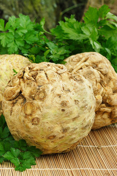 Raw Celery Roots with green leaves