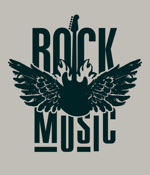 banner for rock music with electric guitar with wings on fire