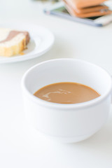 Coffee time, coffee cup with bread and smartphone & wallets.