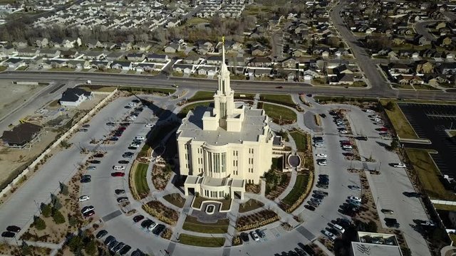 Aerial circle climb Mormon LDS Temple Payson Utah. The Church of Jesus Christ of Latter-day Saints, LDS or Mormon Church. International Christian religion. Membership of over 16 million.