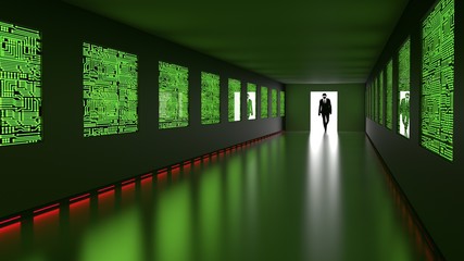 Hacker enters backdoor to server room with circuit screens