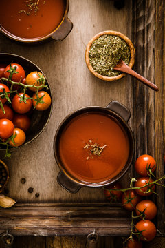 Tomato soup on wood