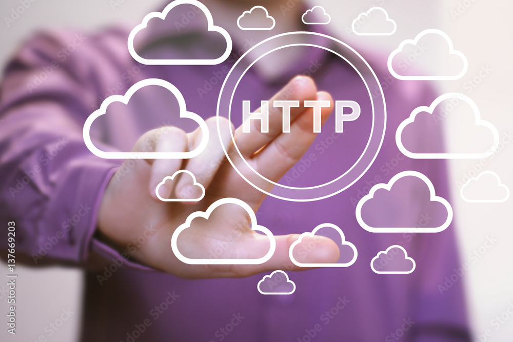 Poster businessman press button http web network cloud.