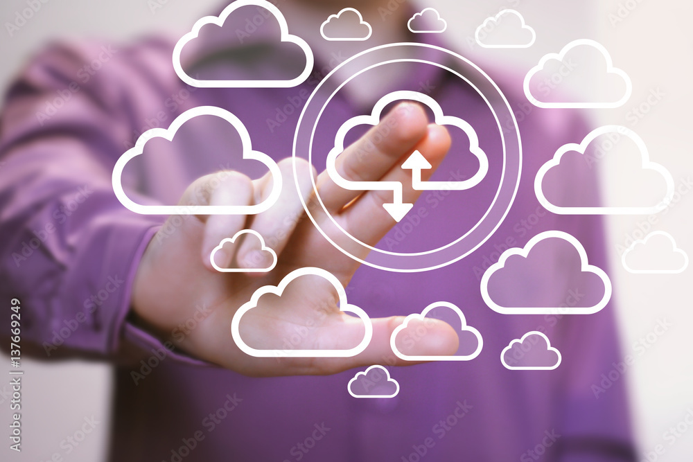 Poster businessman pressing button cloud computing network cloud