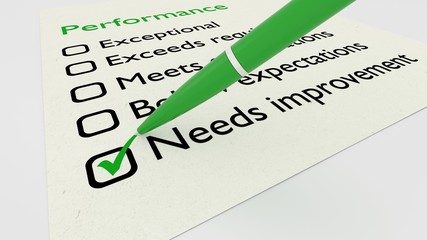 Green ball pen crossing off needs improvement on performance checklist