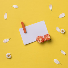 Spring or summer background with copy space for text: business / credit / visiting card mockup with clothespin, chamomiles and petals, orange flowers. Top view. Flat lay. Square image.