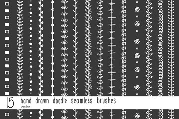 Set of hand drawn doodle seamless decorative brushes for dividers, borders, ornaments, frames, borders and design elements isolated on black background. Vector brushes are included in the brush panel.