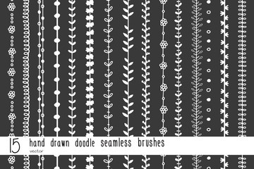 Set of hand drawn doodle seamless decorative brushes for dividers, borders, ornaments, frames, borders and design elements isolated on black background. Vector brushes are included in the brush panel.