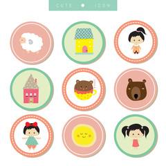 Cartoon icon collection with sheep,girl,bear,house,moon and doll in circle