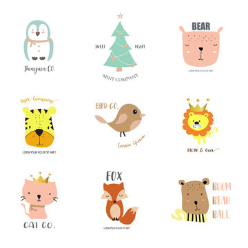 Cute logo design with penguin,chirstmas tree,cat,bear,bird,lion and fox