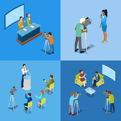 Naklejka premium Isometric Mass Media Concept with Reporters and Journalists. Vector illustration