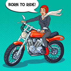 Pop Art Biker Woman in Helmet Riding a Motorcycle. Vector illustration