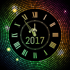 Fototapeta na wymiar New Year 2017 celebration background. Colored circle disco pattern background with clock number 2017. Shining gradient club neon Happy New Year greeting holiday banner. Vectpr illustration EPS 10