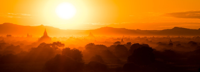 Panorama Sunset over temples in Bagan, Myanmar