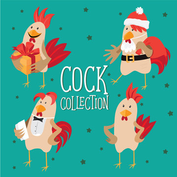 Funny card with a rooster in cartoon style.