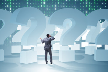Businessman in uncertainty concept with question marks