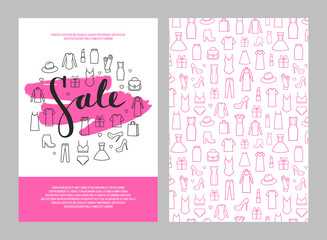 Sale lettering on brushstroke and icons set of  women's clothing. Tag, card, label, banner, flyer design set.