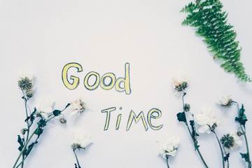 The inscription on a white background with the leaves of plants