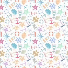 seamless pattern: sea symbols. shell, ship, lighthouse, starfish, anchor, steering wheel, fish