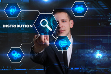 Business, Technology, Internet and network concept. Young businessman working on a virtual blackboard of the future, he sees the inscription: distribution