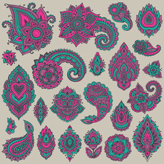 Big vector set of colorful henna floral elements