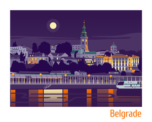 Night view of Belgrade flat vector illustration 