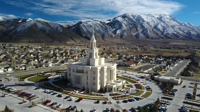 Aerial LDS Mormon Temple Payson Utah slide. The Church of Jesus Christ of Latter-day Saints, LDS or Mormon Church. International Christian religion. Membership of over 16 million.