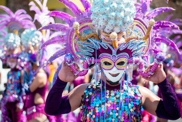 Masskara Festival street dance parade participant facing the camera - obrazy, fototapety, plakaty