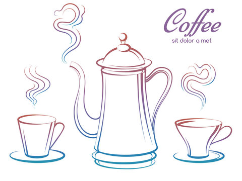 Colorful coffee pot and cups with smoke collection isolated on white. Vector illustration