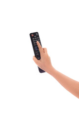 TV Remote control in Woman hand isolated
