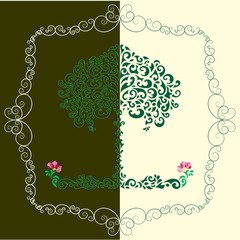 78_pattern  tree with flower and grass in  frame.pattern  tree with flower and grass in  frame,olive and milk background 