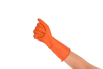 Close up of female hand in orange protective rubber glove isolated