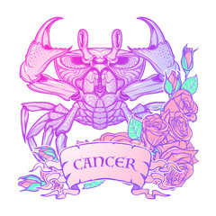 Zodiac sign - Cancer. Accurate symmetrical drawing of the beach crab with a frame of roses. Concept art for tattoo, horoscope. Pastel colors. Linear drawing itolated on texture background