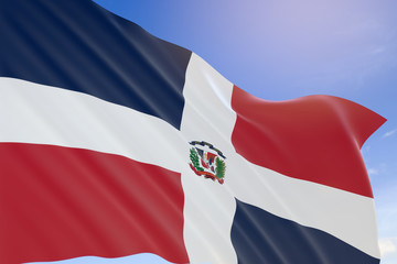 3D rendering of Dominican Republic flag waving on blue sky background