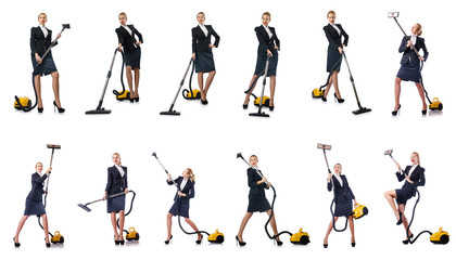 Fototapeta na wymiar Businesswoman cleaning with vacuum cleaner on white