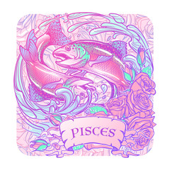Zodiac sign - Pisces. Two fishes jumping from the water. Circle composition, decorative frame of roses. Vintage art nouveau style concept art for horoscope, tattoo or colouring book. EPS10 vector