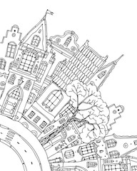 Pattern for coloring book with artistically house Magic