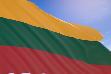 3D rendering of Lithuania flag waving on blue sky background