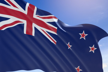 3D rendering of New Zealand flag waving on blue sky background.