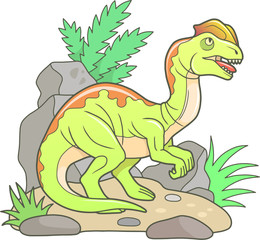 cartoon predatory Dilophosaurus, linear illustration.
