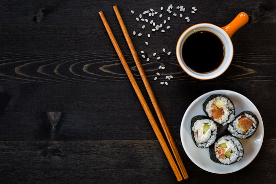 sushi meal on dark table