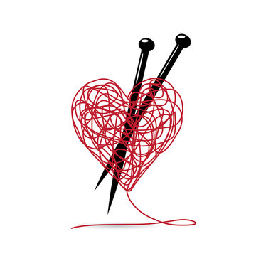 Vector sign ball of yarn, heart shaped. knitting tools. making love concept