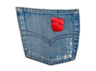 Jeans pocket and red hearts on a white background