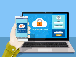 Flat man sitting at desktop and getting access to the website. Two steps authentication on computer. A man is sitting at a laptop with a mobile phone in his hand. Vector illustration for website